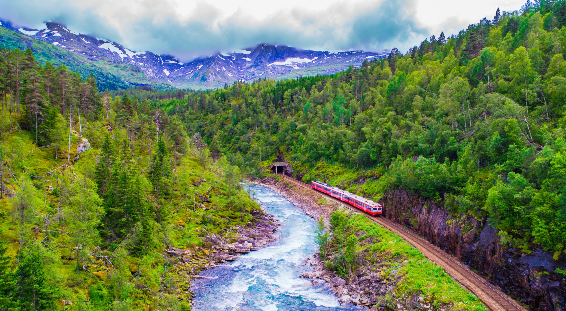 Train Oslo - Bergen in mountains. Norway.