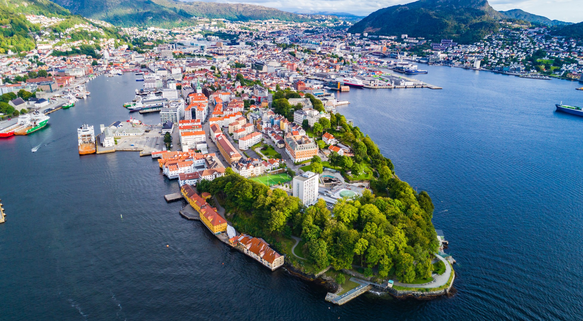 Bergen old town aerial view. Bergen, Norway.