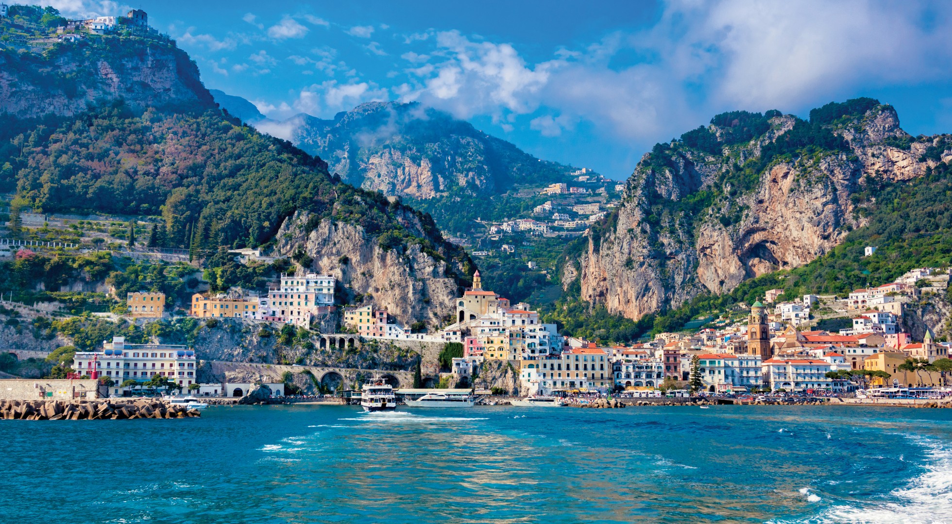 Sea front view of  Amalfi town at Amalfi coast, Italy.