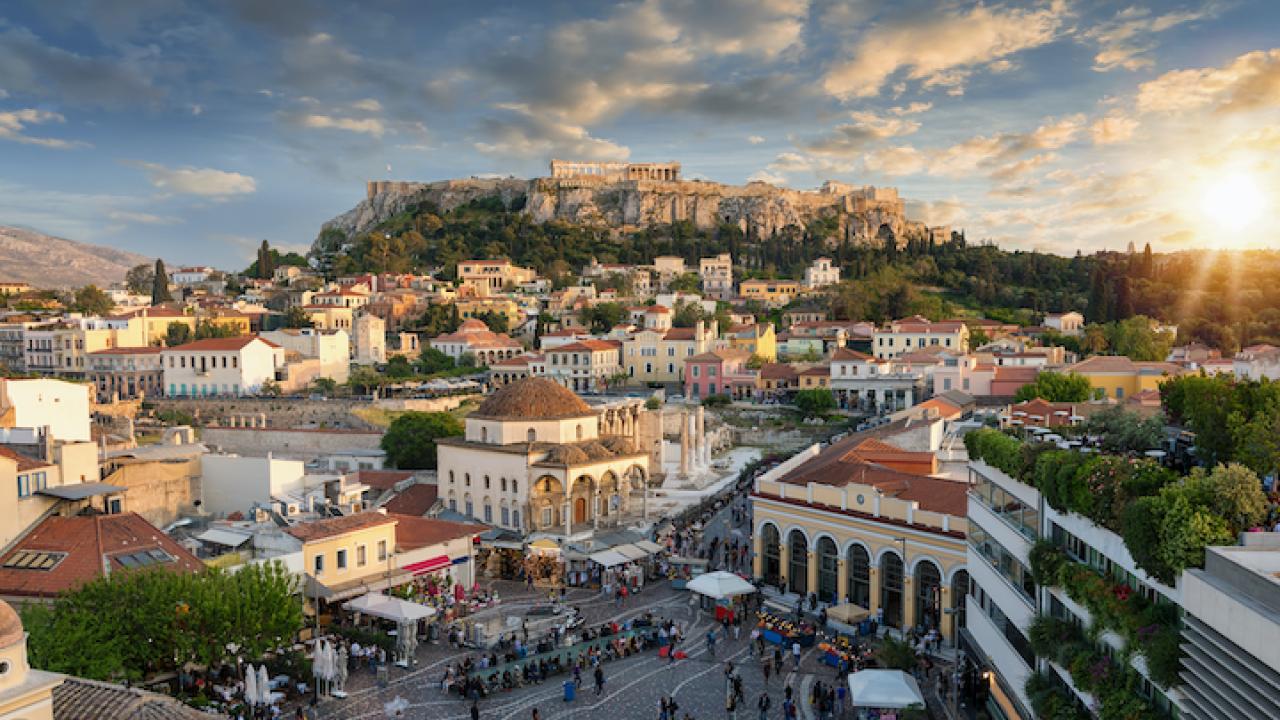 Sunset over the Plaka, the old town of Athens, Greece