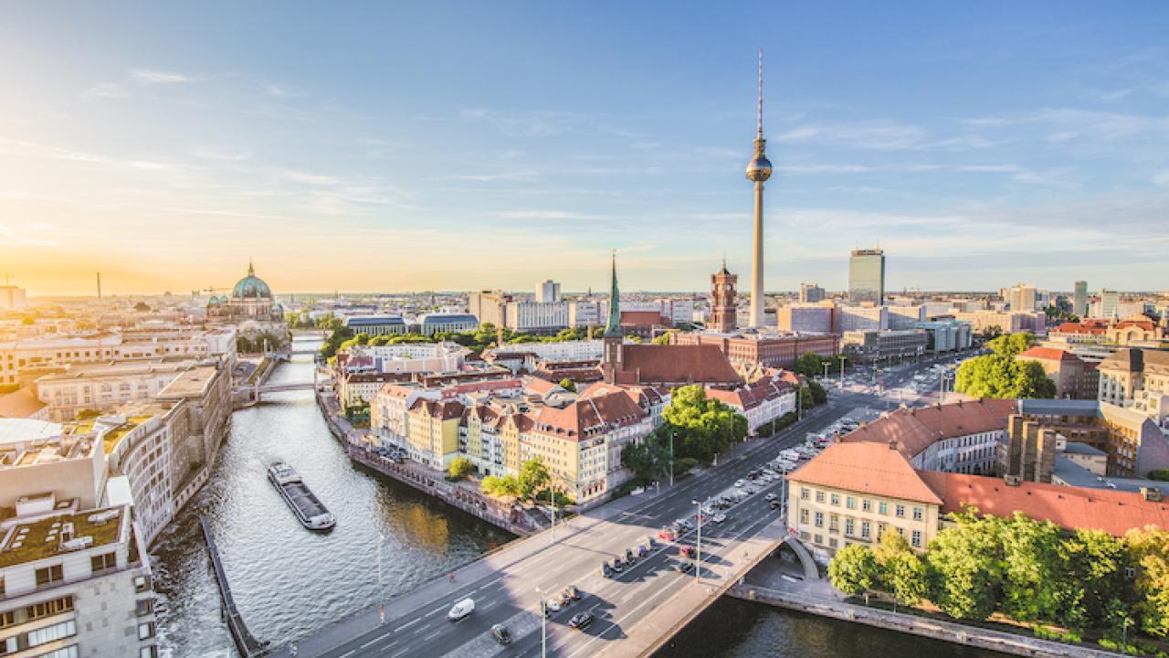 Berlin skyline with Spree river at sunset, Germany