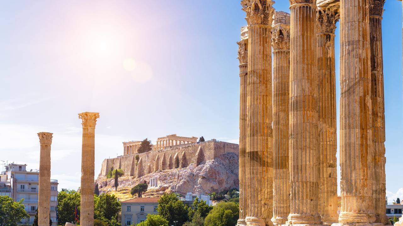 Athens,View,,Zeus,Temple,Overlooking,Acropolis,,Greece.,Ancient,Greek,Ruins,