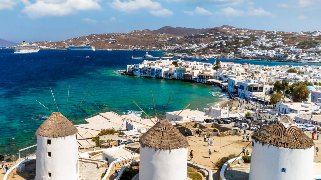 Aerial,View,Of,The,Famous,Windmills,Above,Mykonos,Town,,Cyclades,