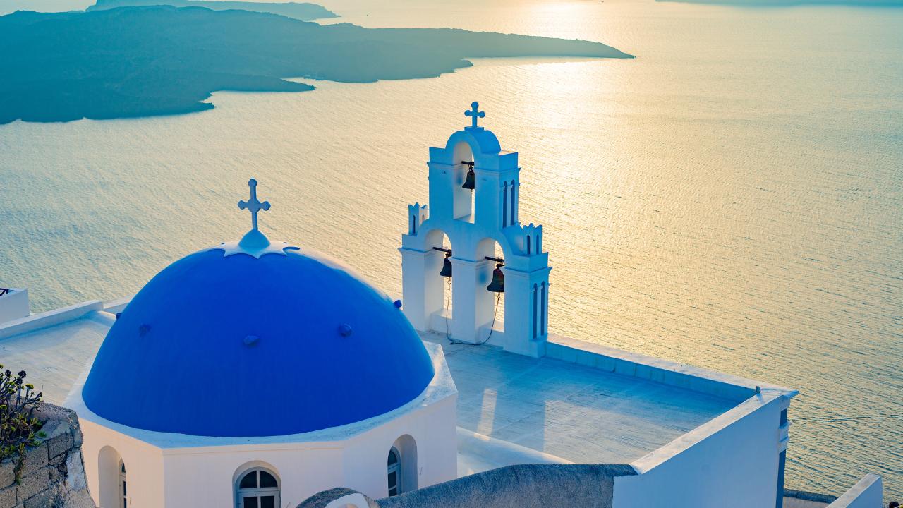 The,Three,Bells,Of,Fira,In,Santorini,In,Greece.