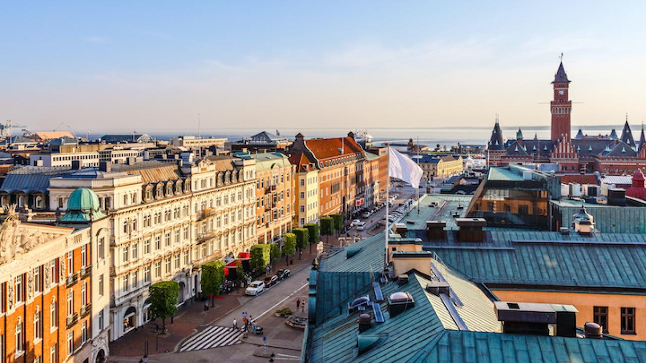 Center street of Helsingborg city panorama, with town hall tower, Sweden