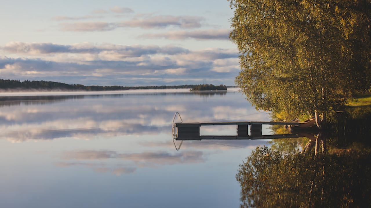 View of Kem River, Kemijoki, in a Liedakkala village in the municipality of Keminmaa in Lapland in north-western Finland, Aerial beautiful summer dawn sunrise