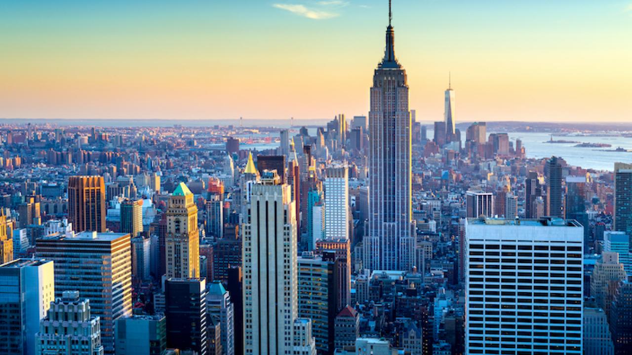 New York City Aerial Skyline at Dusk, USA