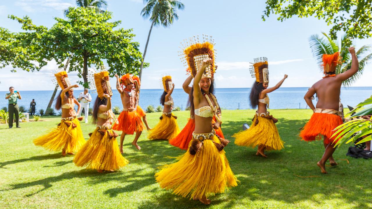 Polynesian women perform traditional dance in Tahiti  Papeete, French Polynesia. Polynesian dances are major tourist attraction of luxury resorts of French Polynesia