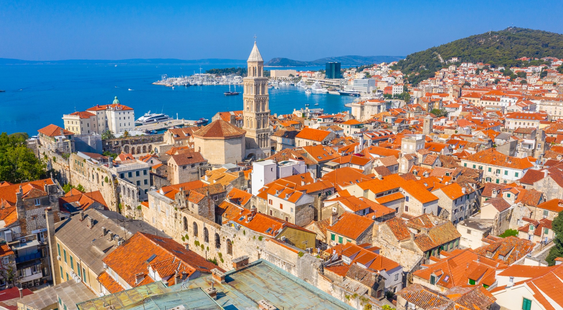 Aerial,View,Of,Old,Town,Of,Split,Dominated,By,Belltower