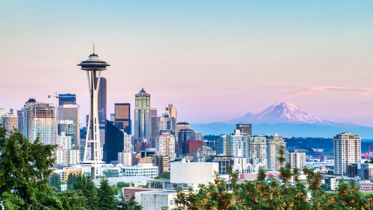 Seattle Cityscape with Mt. Rainier in the Background at Sunset, Washington, USA