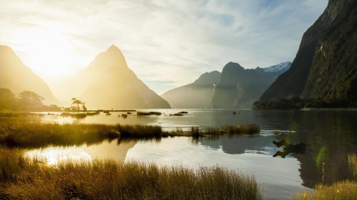 mountains and lake at sunset