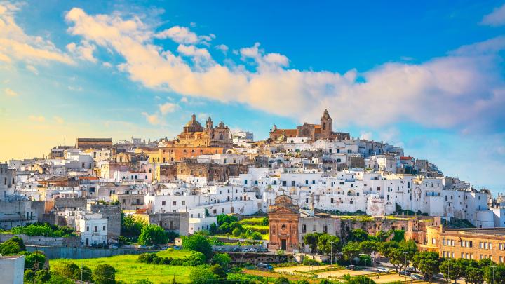 Ostuni,White,Town,Skyline,At,Sunset,,Brindisi,,Apulia,Southern,Italy.