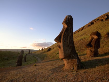 Chile, Easter Island, Moai statues of Rano Raraku at dusk