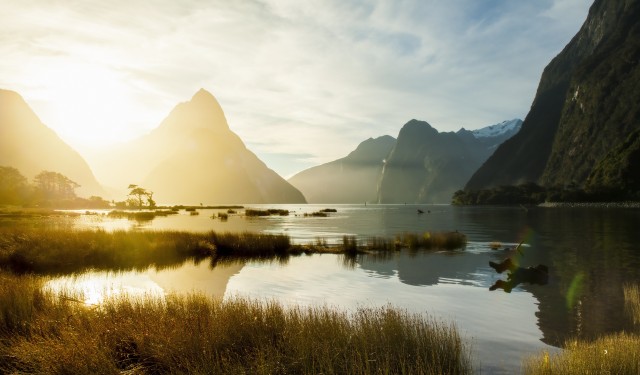 mountains and lake at sunset