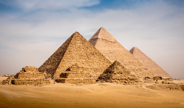 View of the great Pyramid complex of Giza, in Cairo Egypt