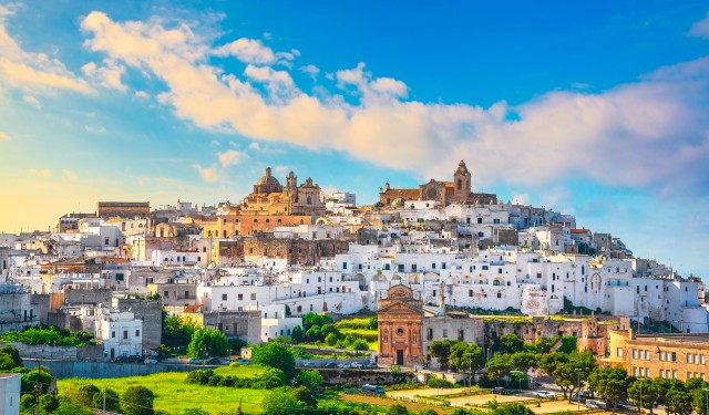 Ostuni,White,Town,Skyline,At,Sunset,,Brindisi,,Apulia,Southern,Italy.